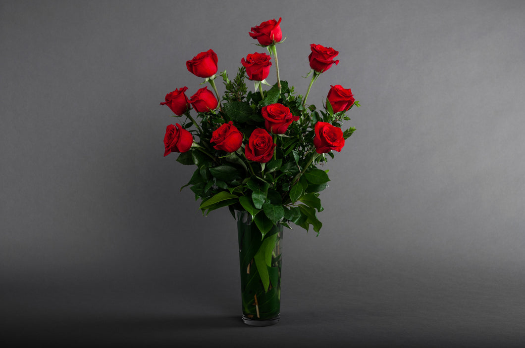 One Dozen Roses in a Vase
